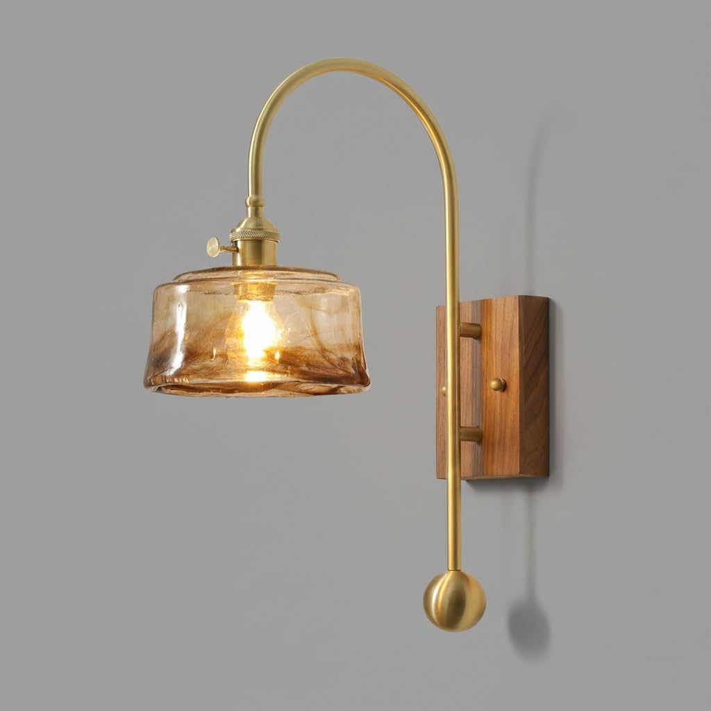 IvyLoutish Modern Mid-Century Brass Wall Sconce, Industrial Style Wall Light with Walnut Wood Backplate, Amber Glass Shade, Curved Arm, E27 Hardwired Lighting Fixture for Bedroom, Living Room