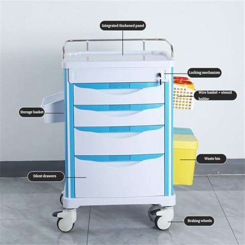 Carrello di rotolamento con ruote e cassetti, Carrello mobile ABS per & Clinica, Soluzione di stoccaggio infermieristico,,