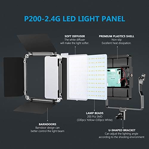 Neewer 2-Pack 2.4G LED Video Light with 2M Stand Bi-color 200 SMD CRI 96+/U-Bracket/Barndoor/LCD Display Video Lighting Kit for Studio Photography, Remote/Battery/Charger/Case Included