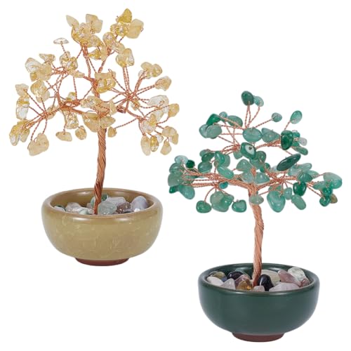 OLYCRAFT 2 decoraciones de árbol de la vida con base de cerámica, aventurina verde y cuarzo amarillo, árboles de cristal hechos a mano, árbol de piedras preciosas Feng Shui, árboles de dinero de