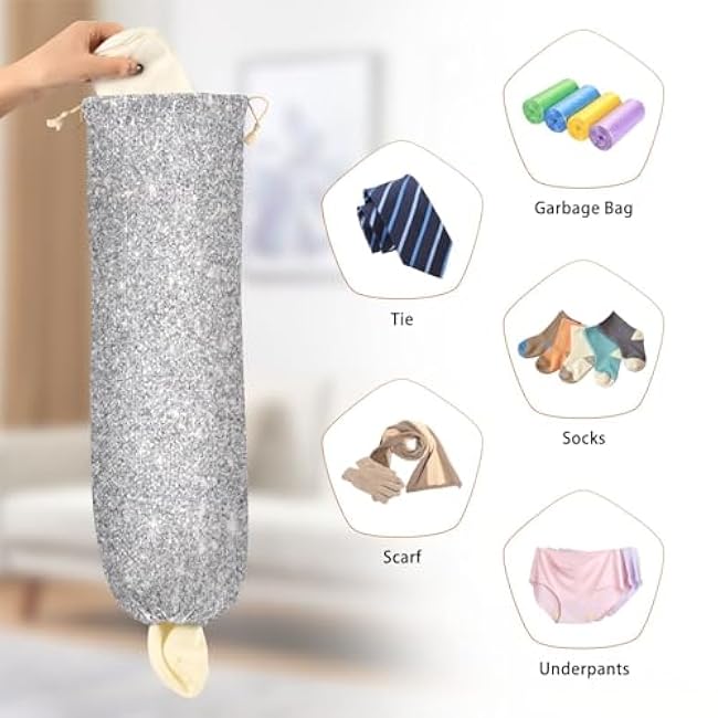 Silver Glitter Reusable Plastic Bag Holder for Kitchen Wall Mount Grocery Bag Organizer Dispenser with Drawstring Hanging Storage Dispenser for Bedroom Home Travelling Closet