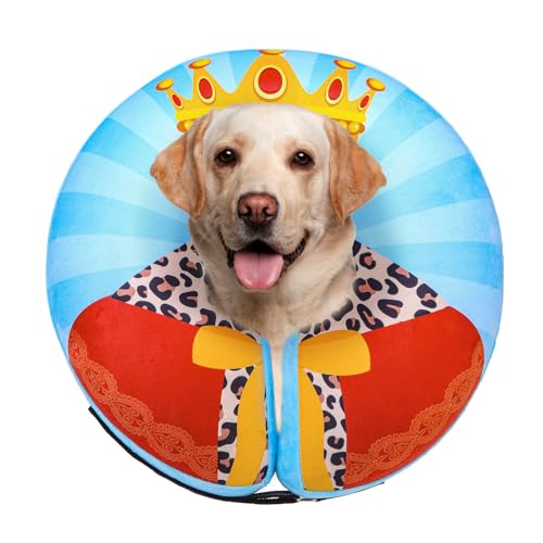 Image of SCENEREAL Dog Cone Alternative After Surgery Donut Collar, Soft Pet Recovery Pillow Collar for Medium Large Dogs, Inflatable Adjustable Neck Collars to Prevent Licking, King Print E-Collars XL