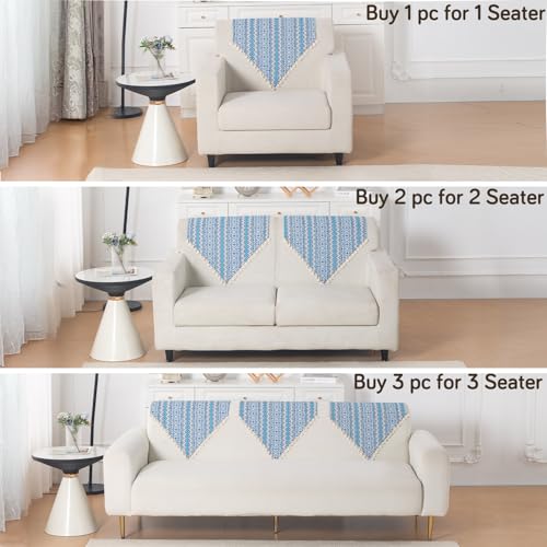 Image of HOKIPO Sofa Backrest Cover with Tassel | 300 GSM Thick Cotton Acrylic Jacquard Fabric Backrest Mat, Size 55x70 cm,'Trivana Series' Aqua Blue (IN-932-J7)