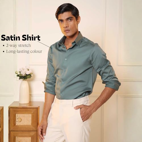 Image of SUBTRACT Men's Slim Fit Solid Spread Collar Cotton Satin Evening Shirt | Stylish Men's Wear Shirt for Office or Party
