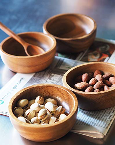 Bestysuperstore 3¾" Mini Acacia Round Wooden Bowl Small Size For Condiments, Dip Sauce, Nuts, Candy, Fruits, Appetizer, And Snacks, Calabash Wood Bowls Dia 3.75"X 1.5 H - Set Of 4 (Free 4 Wood Spoons) #TOP2