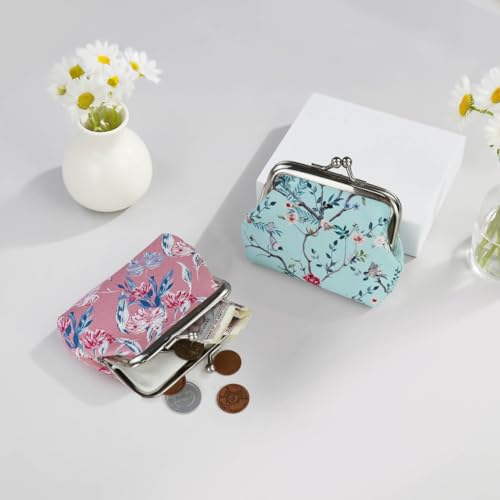 Image of FuninCrea 2 Pcs Faux Leather Coin Purse for Women with Kiss Lock, Floral Pattern Change and Coin Wallet Double Clasp Closure Mini Wallet for Cash Key (Blue+Green)