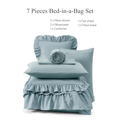 Image of Queen Comforter Set Dusty Blue Ruffle 7 Pieces Farmhouse Bed in a Bag | Shabby Chic Fluffy All Season Bedding Sets with Sheets, Pillowcases & Shams