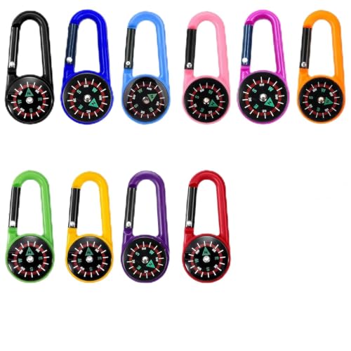 10 Piezas Brújula Llavero de Senderismo con Mosquetón, Mini Brújula de Navegación Portátil para Camping, Excursionismo, Montañismo, Pesca, Mochila y Llaves, Colores Surtidos