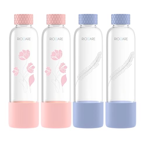 Image of Rioware Purifa Pro Borosilicate Glass Water Bottle With Silicon Sleeve (750Ml) | Airtight Lid | Leak Proof | Silicon Cap | Fridge Water Bottles For Home, Office & Gym -Pack Of 04, Pink&Blue