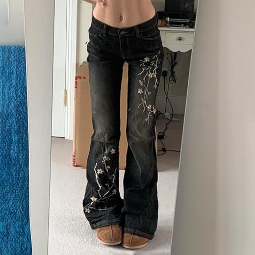 Vintage Bell Bottom Jeans Women Y2k Floral Embroidered Denim Pants Low Rise Flare Jeans Emo Grunge Streetwear4