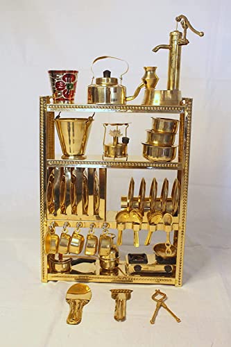 Handcrafted Brass Miniature Kitchen Set/Bhatukali/Toy Set/Home Decor/choppu Jaman/Real Cooking Kit for Play with Brass Stand (Gold 7)