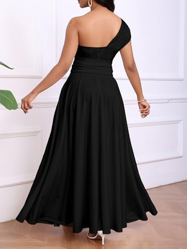 Ekaliy Women's One Shoulder Belted Maxi Dress Long Formal Wedding Guest Dress with Pockets3