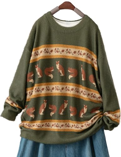 Image of YESNO Women Christmas Sweater Graphic Printed Oversized Pullover Sweaters Casual Loose Knit Tops S01