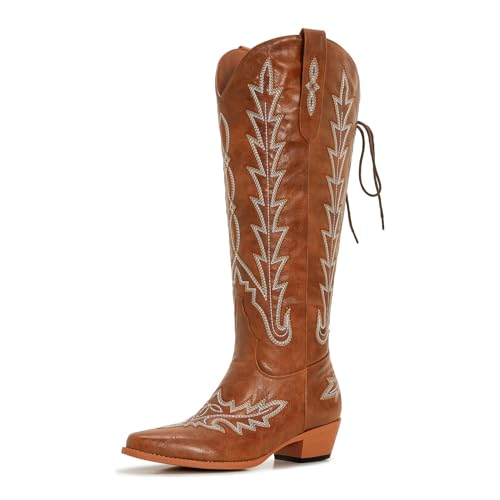 Image of Uillnoodu Wide Calf Cowboy Boots Women Knee High Tall Western Cowgirl Boots Adjustable Lace Up Plus Size Comfortable 2-Inch Heel