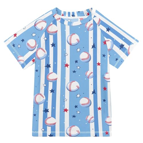 Blue Baseball Stripes Kids Bathing Suits Girls Sun Protection Rashguard Girls Swimwears Athletic Shirt for Big Boys 5-6T