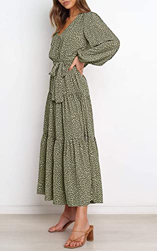 Prettygarden Women's Long Sleeve V Neck Leopard Print Ruffle Maxi Dress Tie Waist Boho Chiffon Flowy Long Dress (Green, Medium) #TOP2