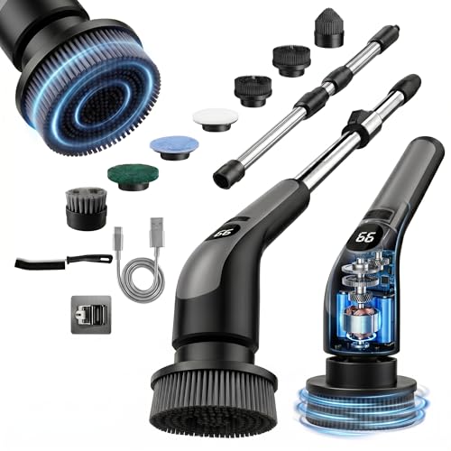 Image of LIVINGPRO Electric Spin Scrubber with LCD Display, Cordless Cleaning Scrubber for Home, Upgraded 70W Dual Speed Motor, IPX7 Waterproof Power Scrubber, 7 Brush Heads, Extendable Long Handle