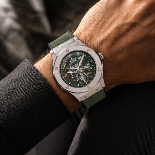 Image of Big Bang Skeleton Dial Luxury Chronograph Watch for Men with Green Strap, Premium Analog Wrist Watch, Stainless Steel Case, Mechanical Style Dial, Sports Inspired Classic Luxury Timepiece, Quartz Movement, Skeleton Display, Stylish Formal Casual Wear