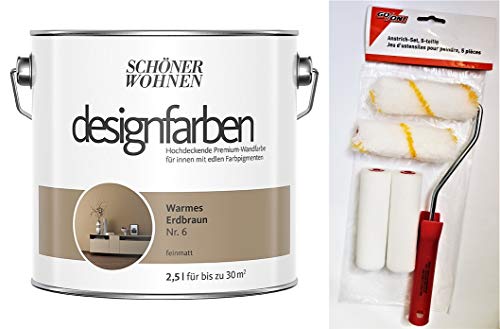 Schöner Wohnen designfarben feinmatte Wandfarbe für innen 2,5 Liter mit go/on Rollen-Set 5-tlg (Nr 6 Warmes Erdbraun)