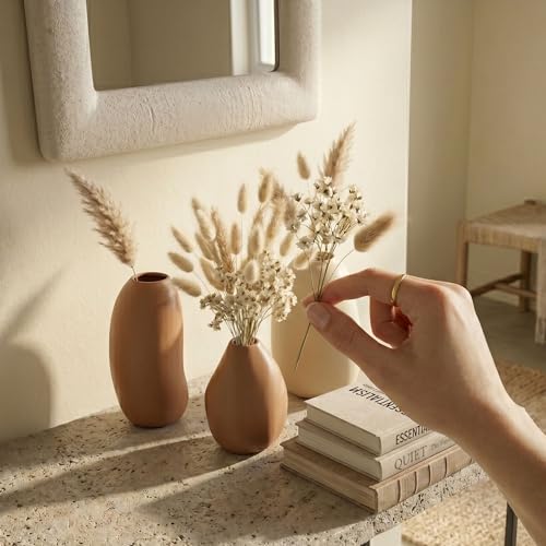Image of KREATIVE ART'S Handmade Ceramic Bud Vase Set of 3 for Pampas Grass & Dried Flowers - Matte Minimalist Vases for Living Room, Dining Table, Office Decor | Housewarming Gift, Cream /Terracotta /Brown