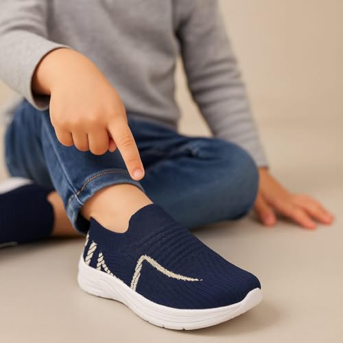 Image of Kids Navy Blue Knit Slip-On Sneakers, Lightweight Casual Shoes with White Sole