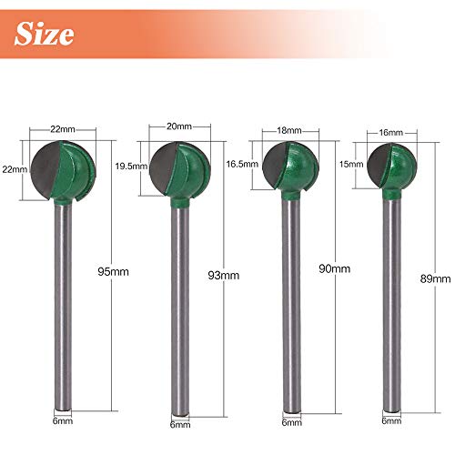 Mesee 4 Pieces Ball End Grooving Router Bit Set, 6Mm Shank Long Core Box End Grooving Bits Cnc Round Nose Groove Cutter Woodworking Milling Cutting Tool - 16/18/ 20/ 22Mm Cutting Diameter #TOP1