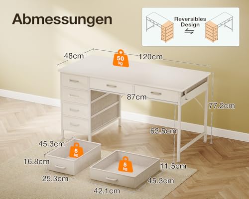 Coleshome Schreibtisch mit 6 Schubladen, 120 x 48 cm Schreibtisch Weiß mit Stauraum, Umkehrbarer Kleiner Tisch mit Kopfhörerhaken für Home Office