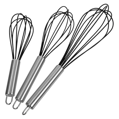 FUNOMOCYA 3個シリコン耐熱泡立て器点 ステンレスハンドル付き手持ちホイッパー クリーム 卵 ソース用手動パティスリーミキサー調理器具