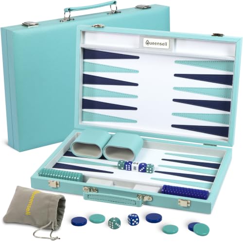 Image of Large Turquoise Backgammon Set for Adults - Classic Board Game for 2 Players Adults and Kids - Premium 15 Inch Backgammon Board with 32 Playing Pieces in Quality PU Leather Case