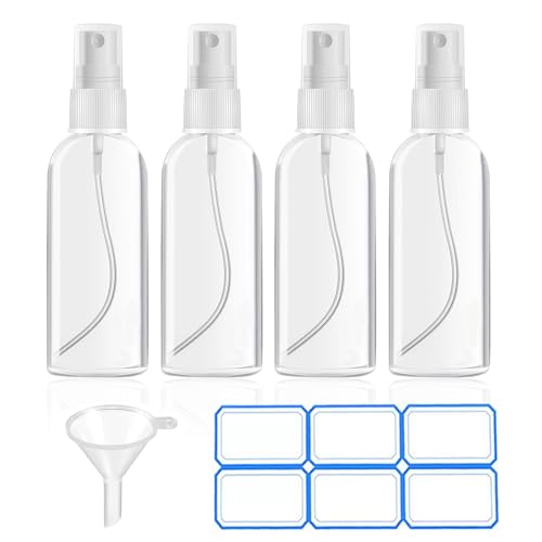 4 Pack 2 Oz (50ml) Mini Spray Bottles Clear Travel Size Spray Bottles Leak Proof with Funnels and Labels