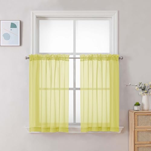 Image of Chyhomenyc Sheer Curtains 36 inch Length 2 Panels Set, Light Filtering Voile Rod Pocket Short Window Curtians for Bathroom Living Room Farmhouse Small Windows, Each 42Wx36L in, 2PCS, Lemon