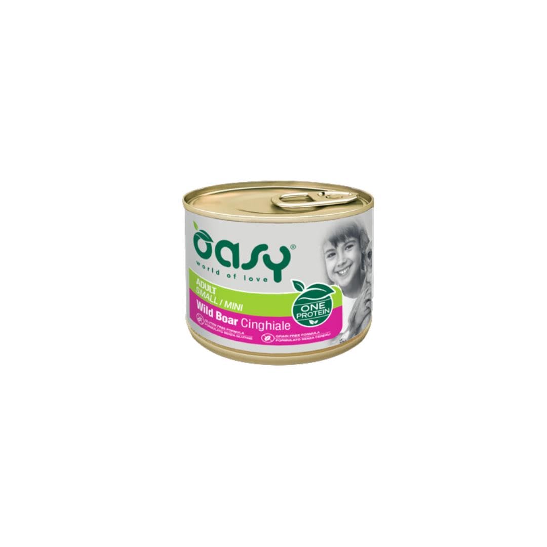 Oasy umido cane adulto monoproteico, alimento completo per cani adulti di taglia piccola (small) gusto CINGHIALE | 6 scatolette da 200 grammi l’una.