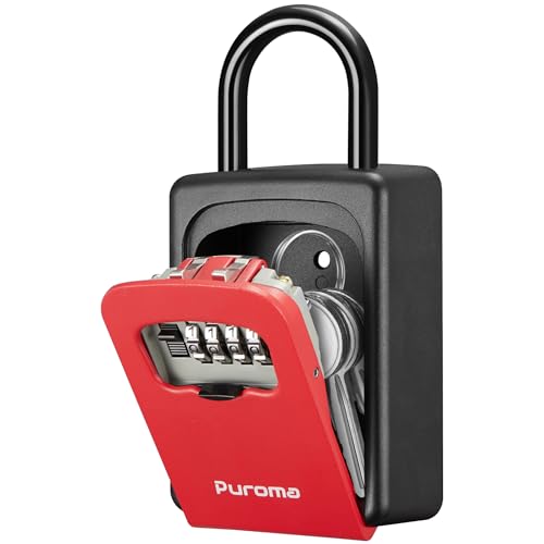 Image of Puroma Large Key Lock Box With Resettable Combination Code, Portable Wall Mount Waterproof Security Safe for Outside Home Office Door Handle House Key, Red (1 Pack)