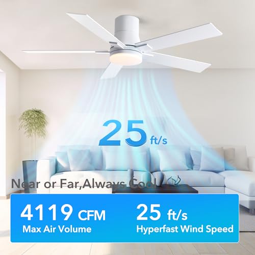 Image of Rayqueen 52 Inch Flush Mount White Ceiling Fans with Lights and Remote
