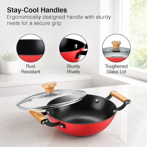 Image of Prestige Castlite Enamel Coated Cast Iron Kadai 24cm / 2.3L with Glass Lid | Lightweight, High Heat Retention | Gas & Induction Compatible | Low-Oil Cooking | Wooden Handles | Easy Clean |15Y Warranty