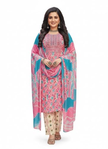 Magic Match Women's 3 Piece Kurta Pant Dupatta Set | Silk Cotton Kurta Sets for Woman | Kurti Set for Woman | Women Kurta Sets with Dupatta Cotton (IN, Alpha, M, Pink Shaded)