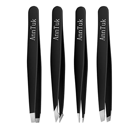 Tweezers Set 4Pcs with Leather Case, Precision Stainless Steel Tweezers for Eyebrows Splinter Facial Hair, Slant Flat Point Angle Tips