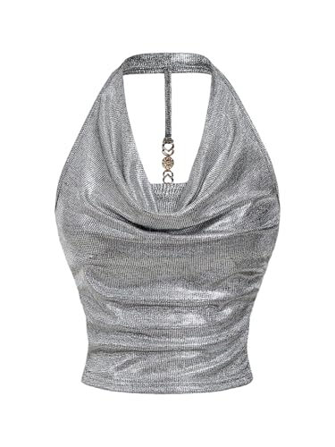 Milumia Women Metallic Halter Y2k Crop Tops Ruched Backless Cowl Neck Party Club Rave Sleeveless Shirts Silver Medium