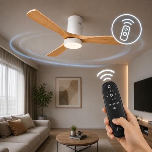 Miniatura 5 de M Ledme - Ventilador De Techo Led Energy 58w Blanco, Mando A Distancia, Motor Dc 40w Luz Led 18w, 6 Velocidades, Silencioso,3 Aspas Madera Natural, 132 Cm, Función Verano-Invierno, Temporizador