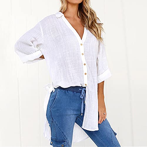 Button Down Tops For Women,2023 Spring Summer Dressy Casual V Neck Long Sleeve Oversized Cotton Linen Shirts,Trendy Irregular Hem Side Lace Up Plain Plus Size Blouses(C-White,2Xl) #TOP2