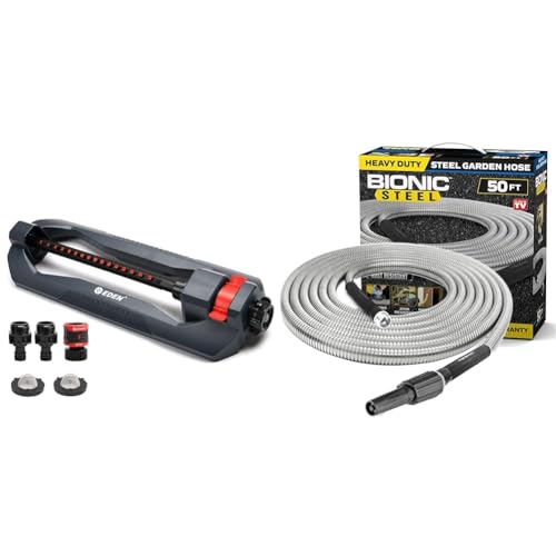 Eden 96213 Oscillating Sprinkler & Bionic Steel 50 Ft Metal Garden Hose Bundle | Turbo Drive Motor Sprinkler Covers 3,600 sq ft & 304 Stainless Steel Hose
