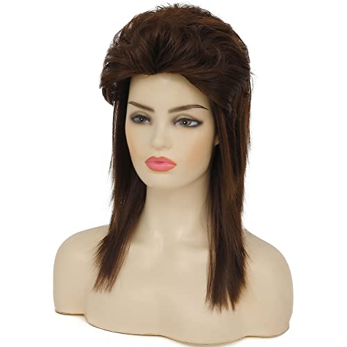Image of Swiking Brown Mullet Wigs for Women Curly 70s 80s Rocker Shoulder Length Hair Cosplay Synthetic Women Wigs (Brown)