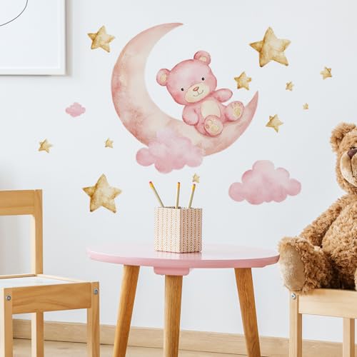 Vinilos decorativos oso rosa y luna con estrellas doradas miniatura 4