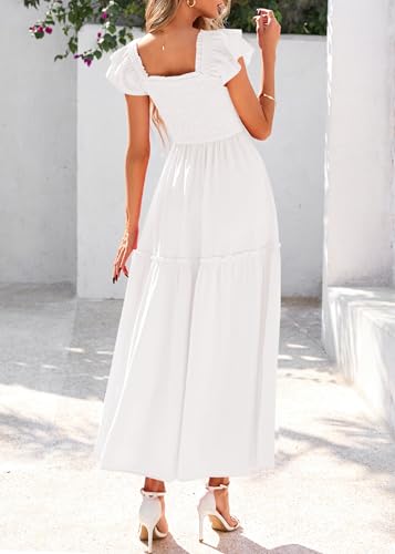 KIRUNDO Smocked Summer Dresses for Women 2025 Wedding Guest Midi Flowy Ruffle Short Sleeve Square Neck Tiered Sundress2