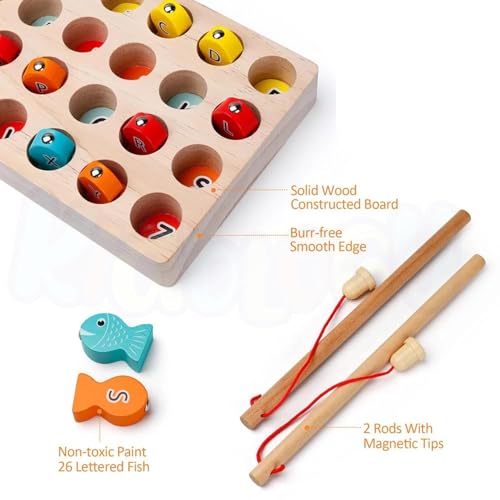 Image of SHINETOY Wooden Magnetic Fishing Game, Fine Motor Skill Toy ABC Alphabet Color Sorting Puzzle, Montessori Letters Cognition Preschool Gift for Years Old Kid Early Learning with 2 Pole