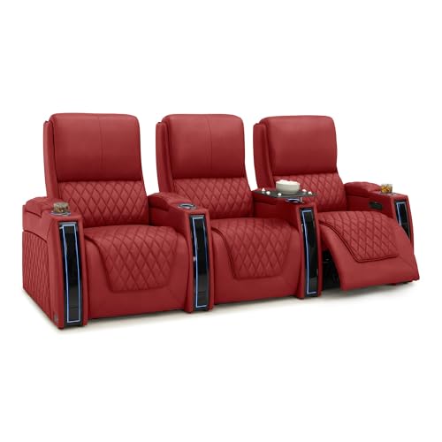 Image of Seatcraft Apex Red Italian Leather Home Theater Seating, Zero Gravity Power Recliner, Powered Headrest and Lumbar Gaming and Home Office Chair, Lounge Sofa Furniture for Cinema Room, Row of 3