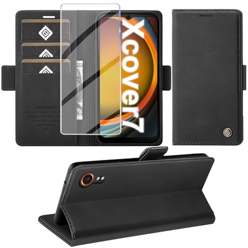 Giyer Handyhülle für Samsung Galaxy Xcover 7 Hülle mit Displayschutzfolie Schutzhülle Galaxy Xcover 7 PU Leder Wallet Flip Case Ständer Kartenfach Klapphülle für Samsung Xcover 7 Tasche (Schwarz)