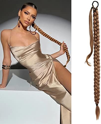 Braided Ponytail Extension For Women Wrap Around Ponytail Extension With Hair Tie 40 Inches Braid Ponytail Extension Yaki Straight Soft Synthetic Hair Piece Cosplay Daily Work 190gram(Brown Mix Highlights,Unbraided)