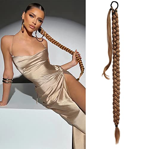 Braided Ponytail Extension For Women Wrap Around Ponytail Extension With Hair Tie 40 Inches Braid Ponytail Extension Yaki Straight Soft Synthetic Hair Piece Cosplay Daily Work 190Gram(Brown Mix Highlights,Unbraided) #TOP1
