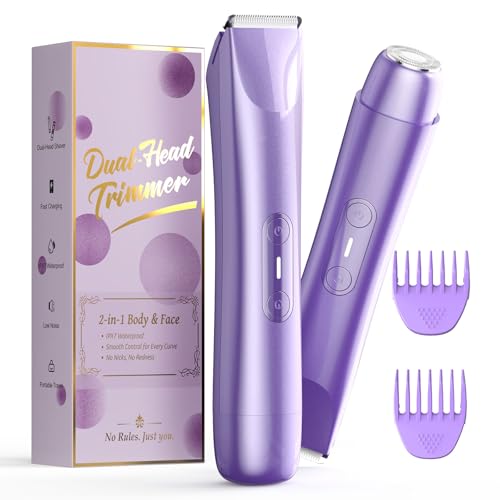 Bikini Trimmer for Women, 2 in 1 Dual Head Electric Razors, IPX7 Waterproof & Painless Shaver, Cordless Pubic Hair Trimmer for Leg Face Underarm Body Hair Removal, Purple